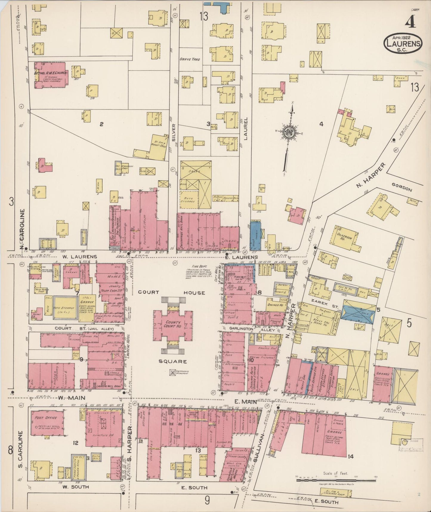 Sanborn Fire Insurance Map from Laurens, Laurens County, South Carolina (1922), Sheet #0004 - Historic Sanborn Fire Insurance Map Print, vintage old map wall art, antique decor, genealogy gift, South Carolina South Carolina map