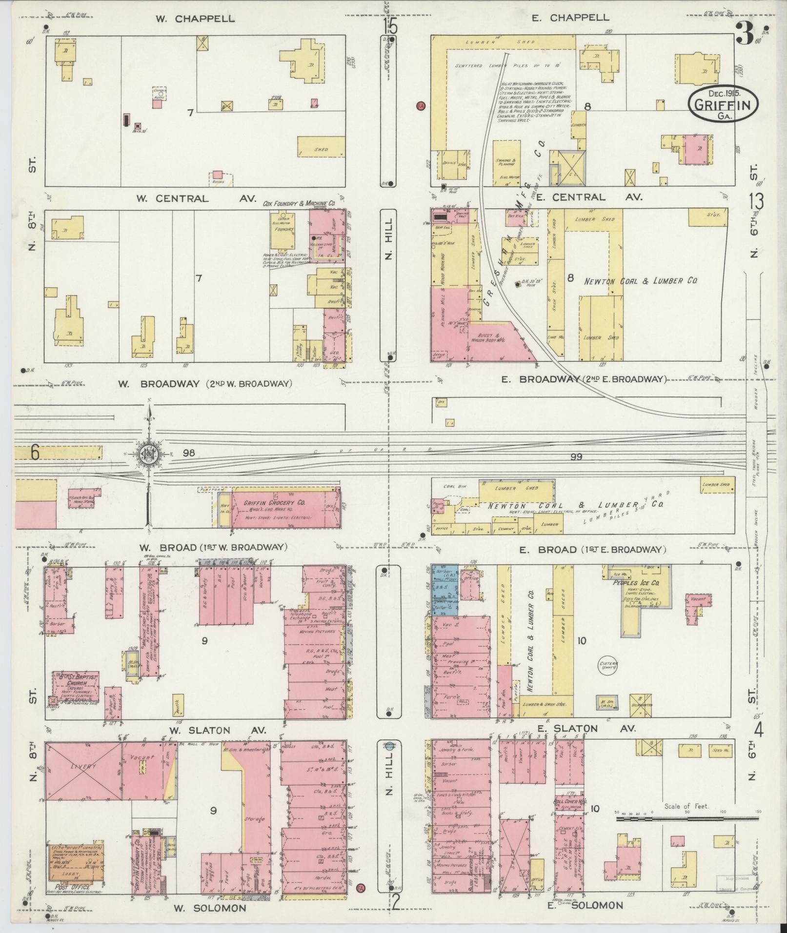 Sanborn Fire Insurance Map from Griffin, Spalding County, Georgia (1915), Sheet #0003 - Complete Map Set gallery image, historic Sanborn map, vintage wall art, Georgia Georgia
