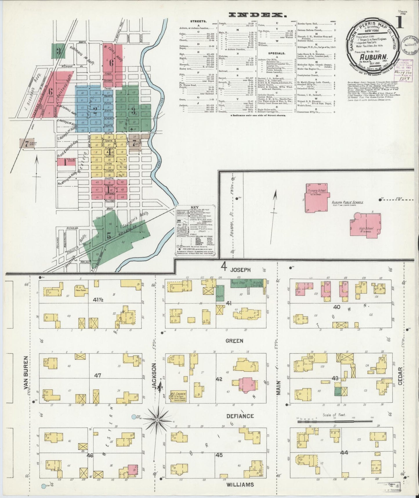 Sanborn Fire Insurance Map from Auburn, De Kalb County, Indiana (1901), Sheet #0001 - Historic Sanborn Fire Insurance Map Print, vintage old map wall art, antique decor, genealogy gift, Indiana Indiana map