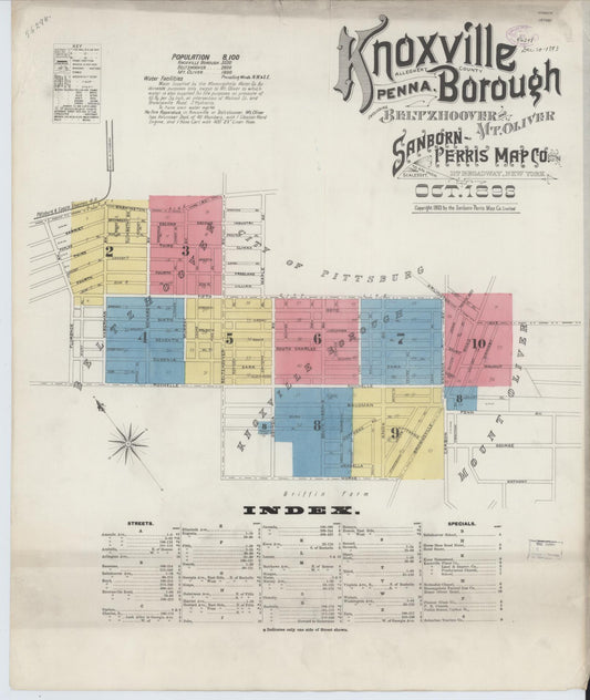 Sanborn Fire Insurance Map from Knoxville Borough, Allegheny County, Pennsylvania (1893), Sheet #0001 - Historic Sanborn Fire Insurance Map Print, vintage old map wall art, antique decor, genealogy gift, Pennsylvania Pennsylvania map