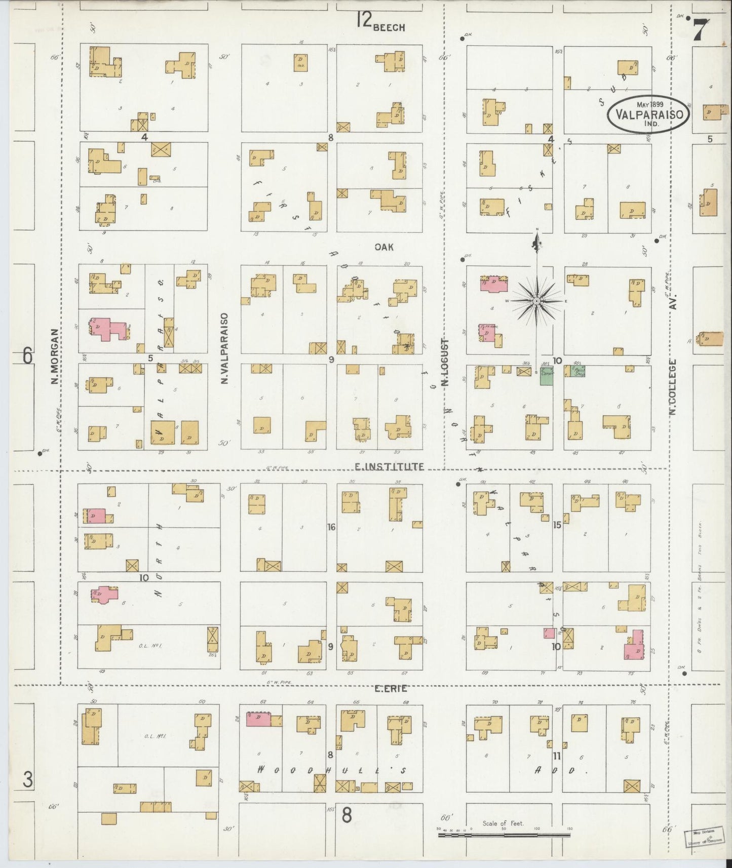 Sanborn Fire Insurance Map from Valparaiso, Porter County, Indiana (1899), Sheet #0007 - Complete Map Set gallery image, historic Sanborn map, vintage wall art, Indiana Indiana