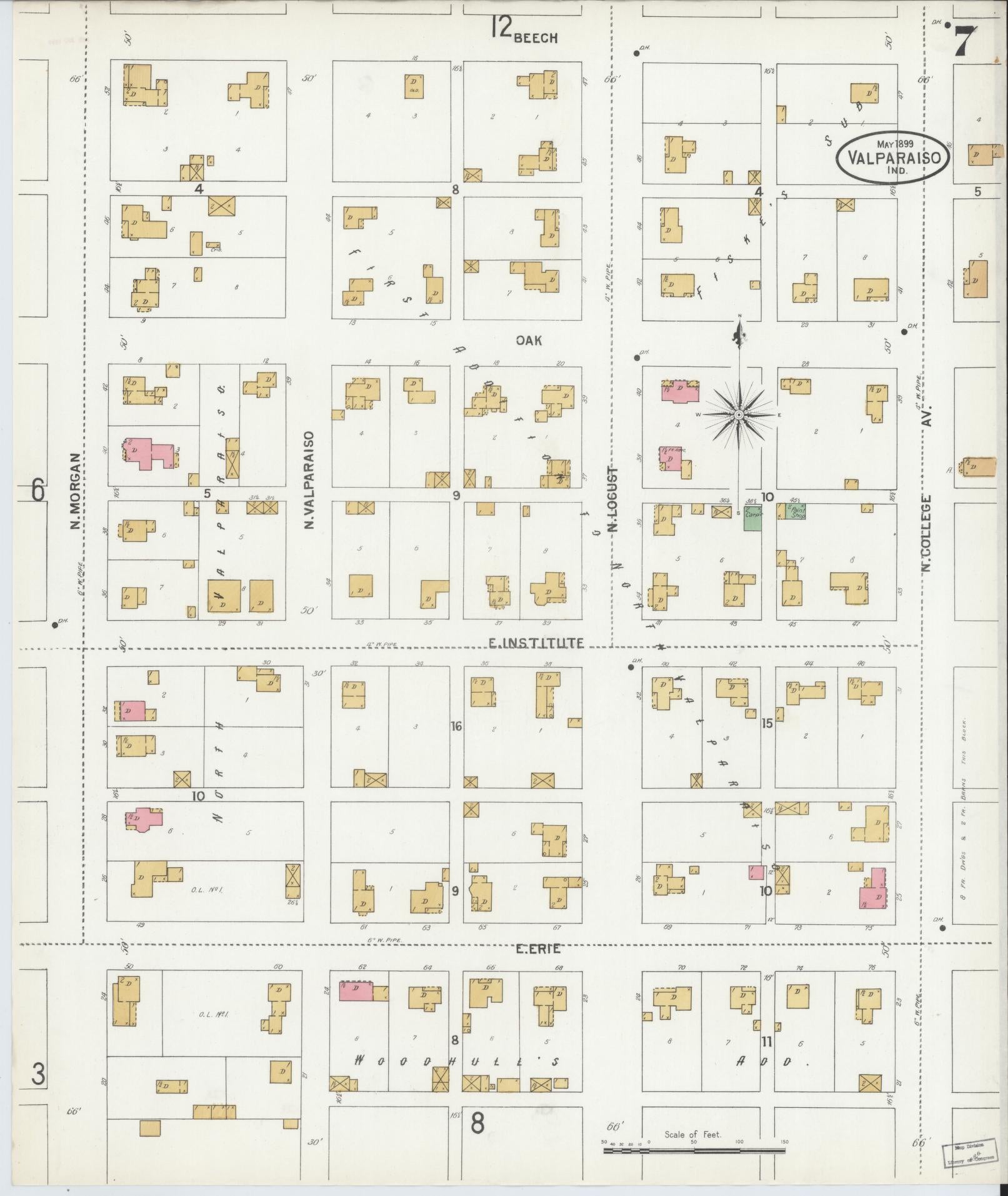 Sanborn Fire Insurance Map from Valparaiso, Porter County, Indiana (1899), Sheet #0007 - Complete Map Set gallery image, historic Sanborn map, vintage wall art, Indiana Indiana