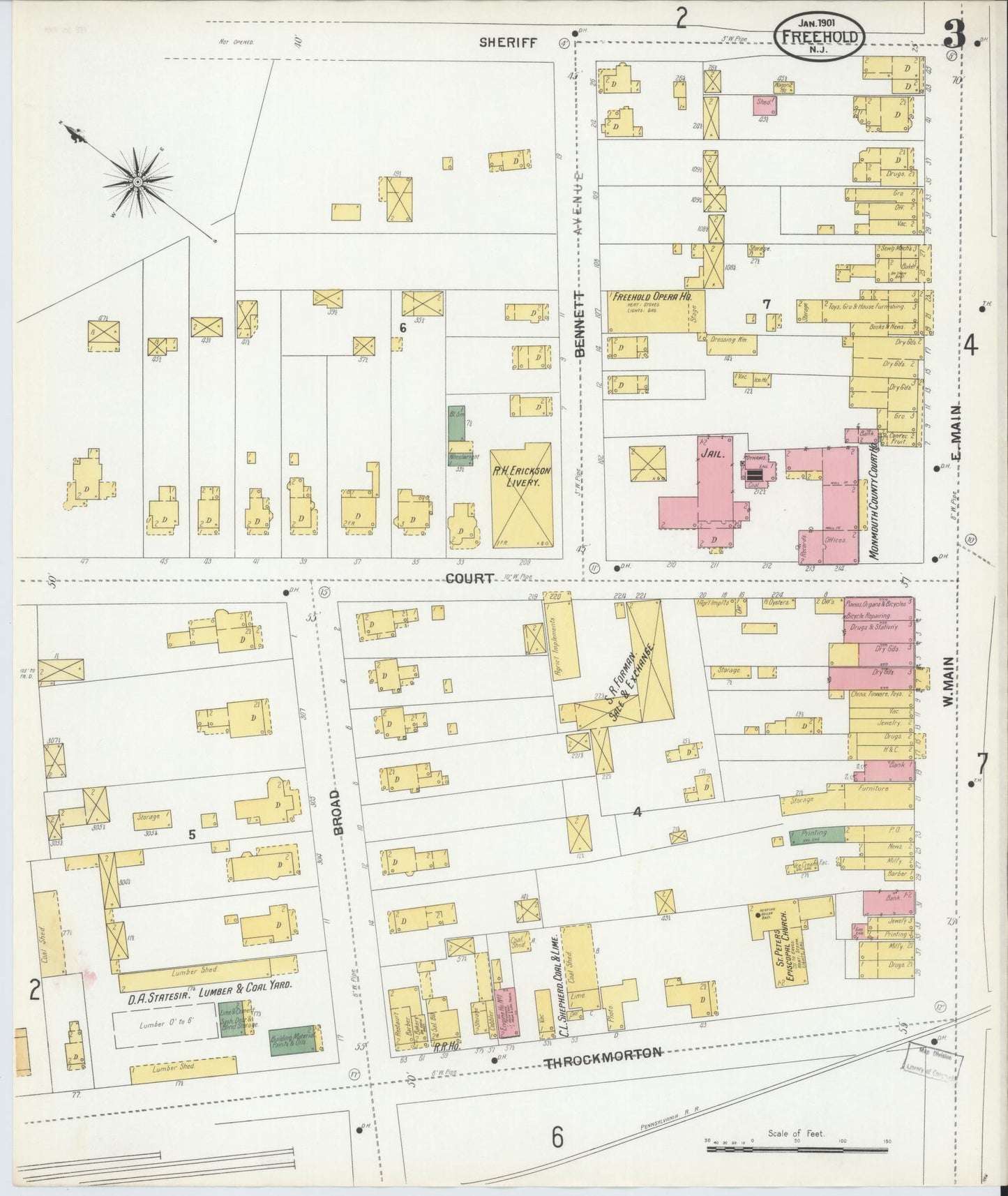 Sanborn Fire Insurance Map from Freehold, Monmouth County, New Jersey (1901), Sheet #0003 - Complete Map Set gallery image, historic Sanborn map, vintage wall art, New Jersey New Jersey