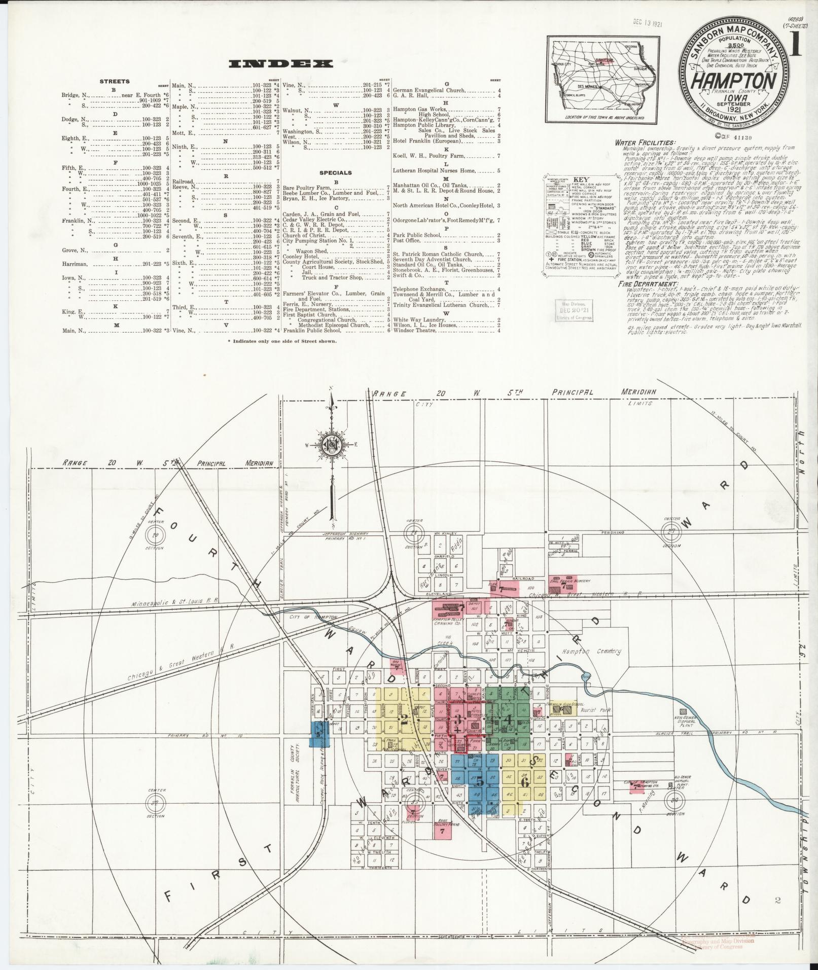 Sanborn Fire Insurance Map from Hampton, Franklin County, Iowa (1921), Sheet #0001 - Historic Sanborn Fire Insurance Map Print, vintage old map wall art