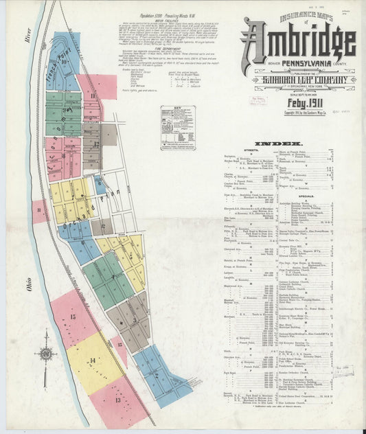 Sanborn Fire Insurance Map from Ambridge, Beaver County, Pennsylvania (1911), Sheet #0001 - Historic Sanborn Fire Insurance Map Print, vintage old map wall art, antique decor, genealogy gift, Pennsylvania Pennsylvania map