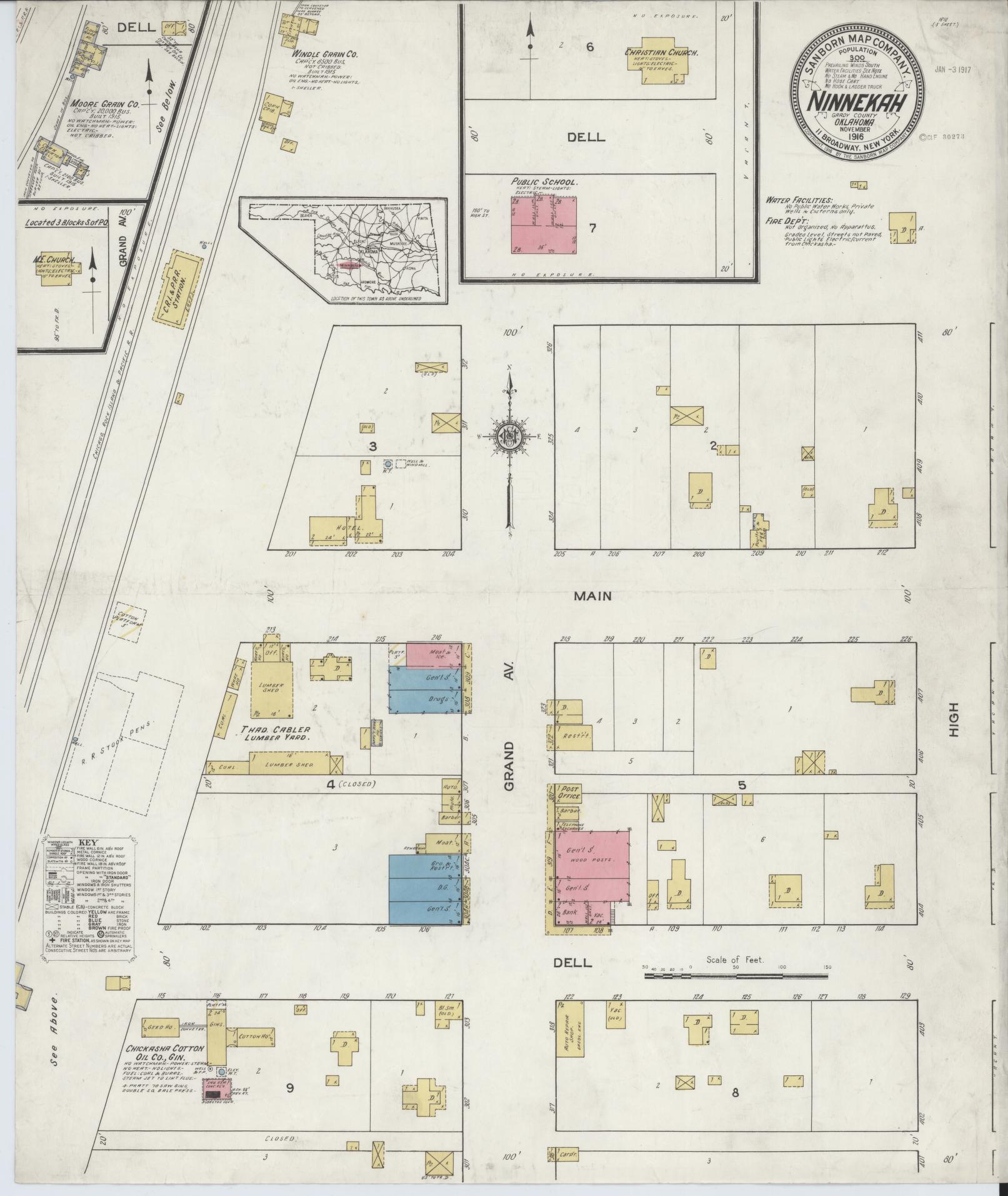 Sanborn Fire Insurance Map from Ninnekah, Grady County, Oklahoma (1916), Sheet #0001 - Historic Sanborn Fire Insurance Map Print, vintage old map wall art, antique decor, genealogy gift, Oklahoma Oklahoma map