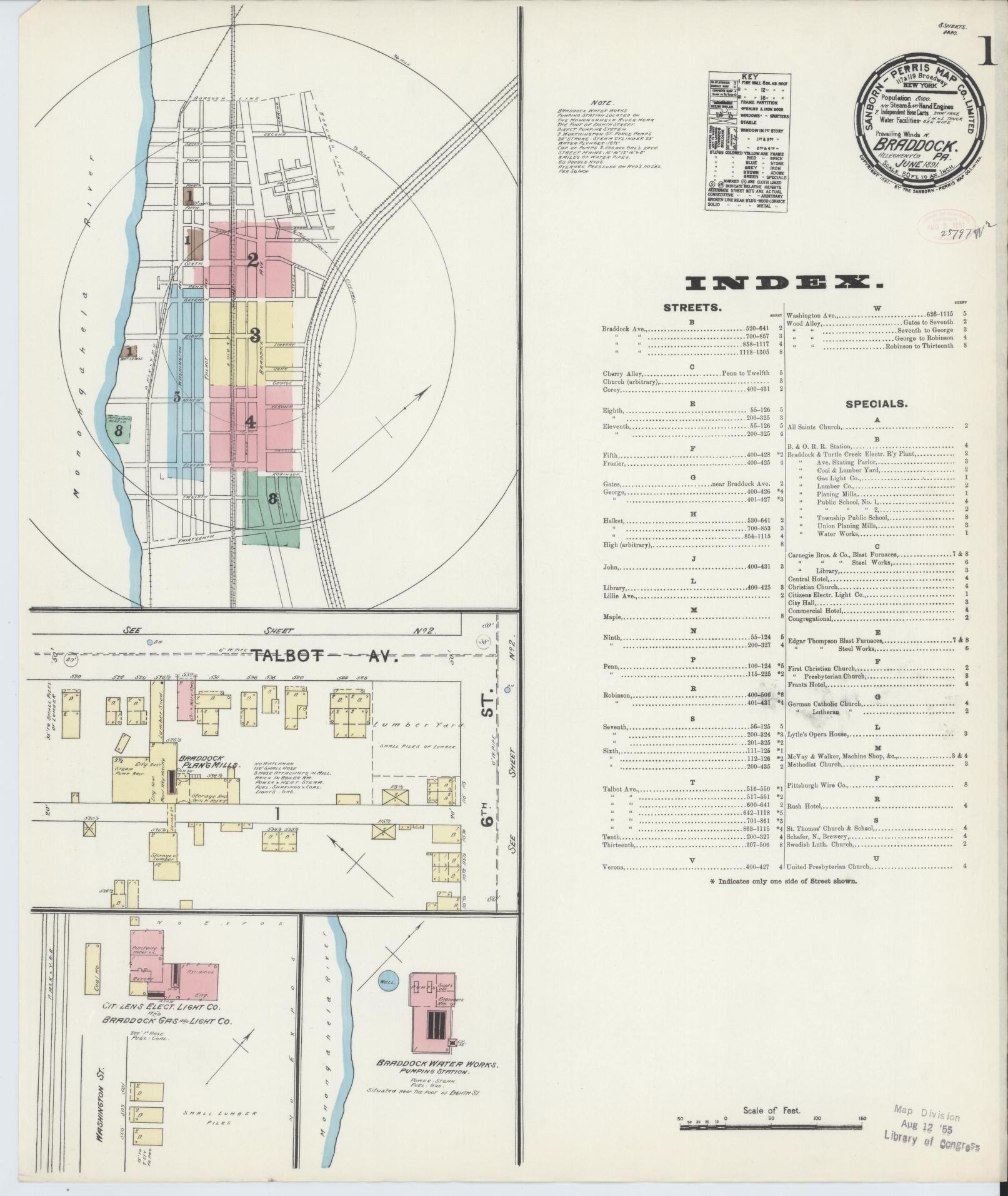 Sanborn Fire Insurance Map from Braddock, Allegheny County, Pennsylvania (1891), Sheet #0001 - Historic Sanborn Fire Insurance Map Print, vintage old map wall art, antique decor, genealogy gift, Pennsylvania Pennsylvania map