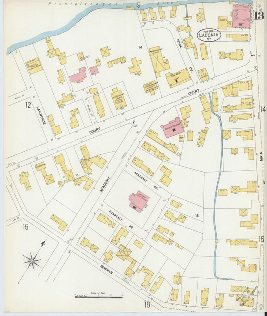 Sanborn Fire Insurance Map from Laconia, Belknap County, New Hampshire (1902), Sheet #0013 - Historic Sanborn Fire Insurance Map Print, vintage old map wall art, antique decor, genealogy gift, New Hampshire New Hampshire map