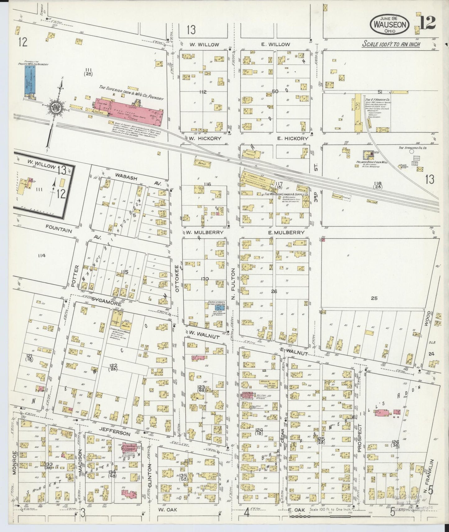 Sanborn Fire Insurance Map from Wauseon, Fulton County, Ohio (1916), Sheet #0012 - Historic Sanborn Fire Insurance Map Print, vintage old map wall art, antique decor, genealogy gift, Ohio Ohio map