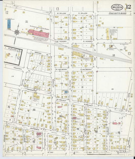 Sanborn Fire Insurance Map from Wauseon, Fulton County, Ohio (1916), Sheet #0012 - Historic Sanborn Fire Insurance Map Print, vintage old map wall art, antique decor, genealogy gift, Ohio Ohio map
