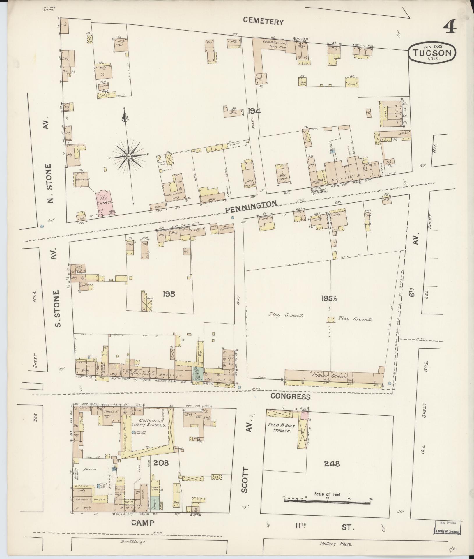 Sanborn Fire Insurance Map from Tucson, Pima County, Arizona (1889), Sheet #0004 - Historic Sanborn Fire Insurance Map Print, vintage old map wall art, antique decor, genealogy gift, Arizona Arizona map