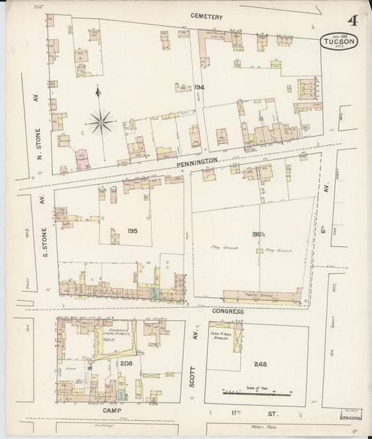 Sanborn Fire Insurance Map from Tucson, Pima County, Arizona (1889), Sheet #0004 - Historic Sanborn Fire Insurance Map Print, vintage old map wall art, antique decor, genealogy gift, Arizona Arizona map