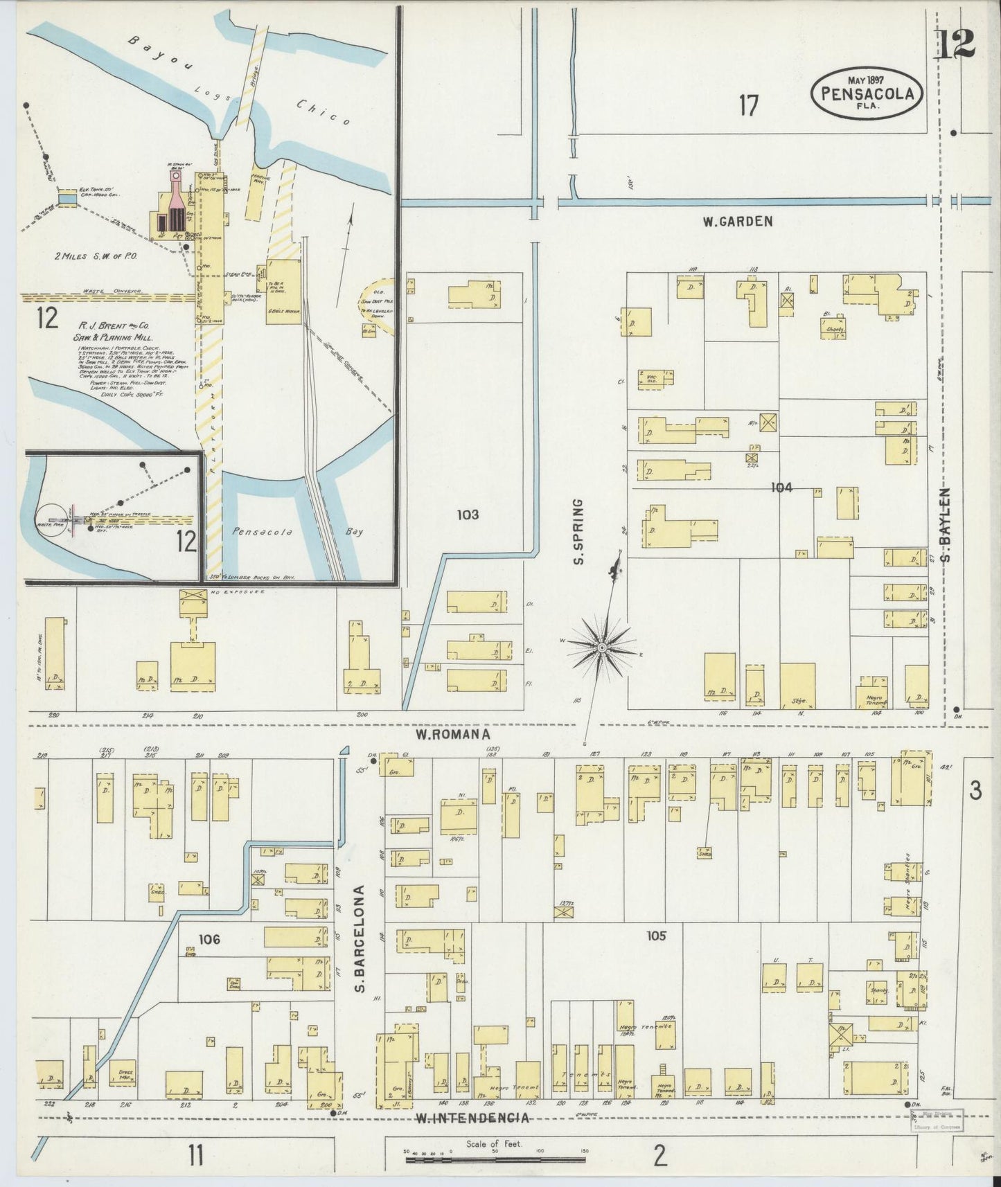 Sanborn Fire Insurance Map from Pensacola, Escambia County, Florida (1897), Sheet #0012 - Historic Sanborn Fire Insurance Map Print, vintage old map wall art, antique decor, genealogy gift, Florida Florida map