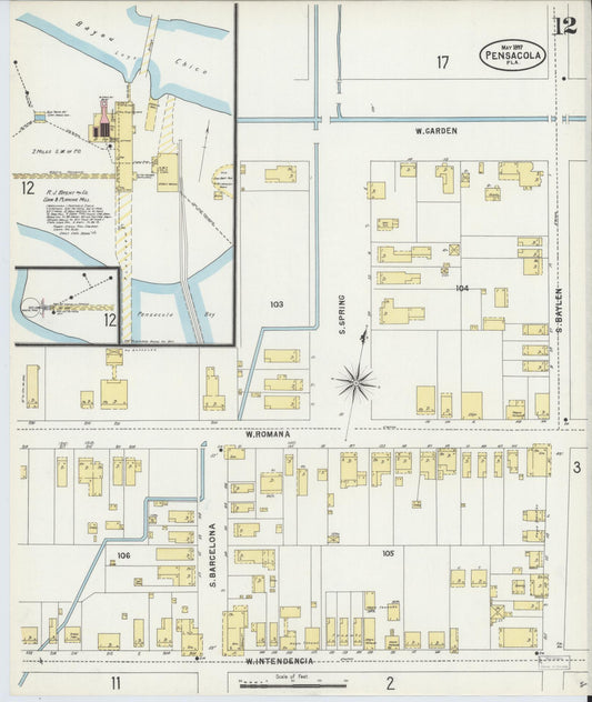 Sanborn Fire Insurance Map from Pensacola, Escambia County, Florida (1897), Sheet #0012 - Historic Sanborn Fire Insurance Map Print, vintage old map wall art, antique decor, genealogy gift, Florida Florida map