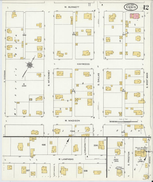 Sanborn Fire Insurance Map from Ennis, Ellis County, Texas (1920), Sheet #0012 - Historic Sanborn Fire Insurance Map Print, vintage old map wall art, antique decor, genealogy gift, Texas Texas map
