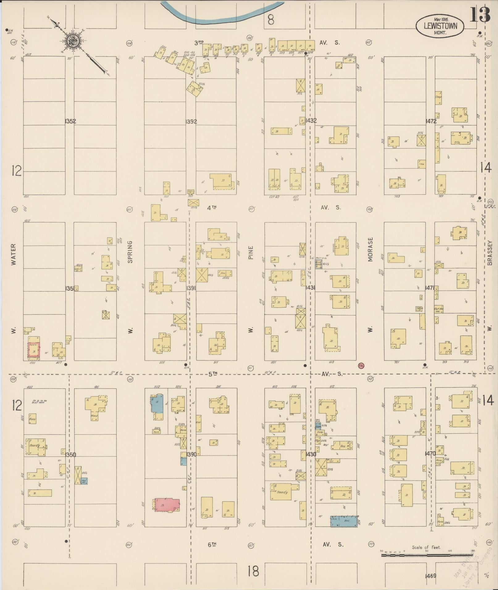 Sanborn Fire Insurance Map from Lewistown, Fergus County, Montana (1916), Sheet #0013 - Historic Sanborn Fire Insurance Map Print, vintage old map wall art, antique decor, genealogy gift, Montana Montana map