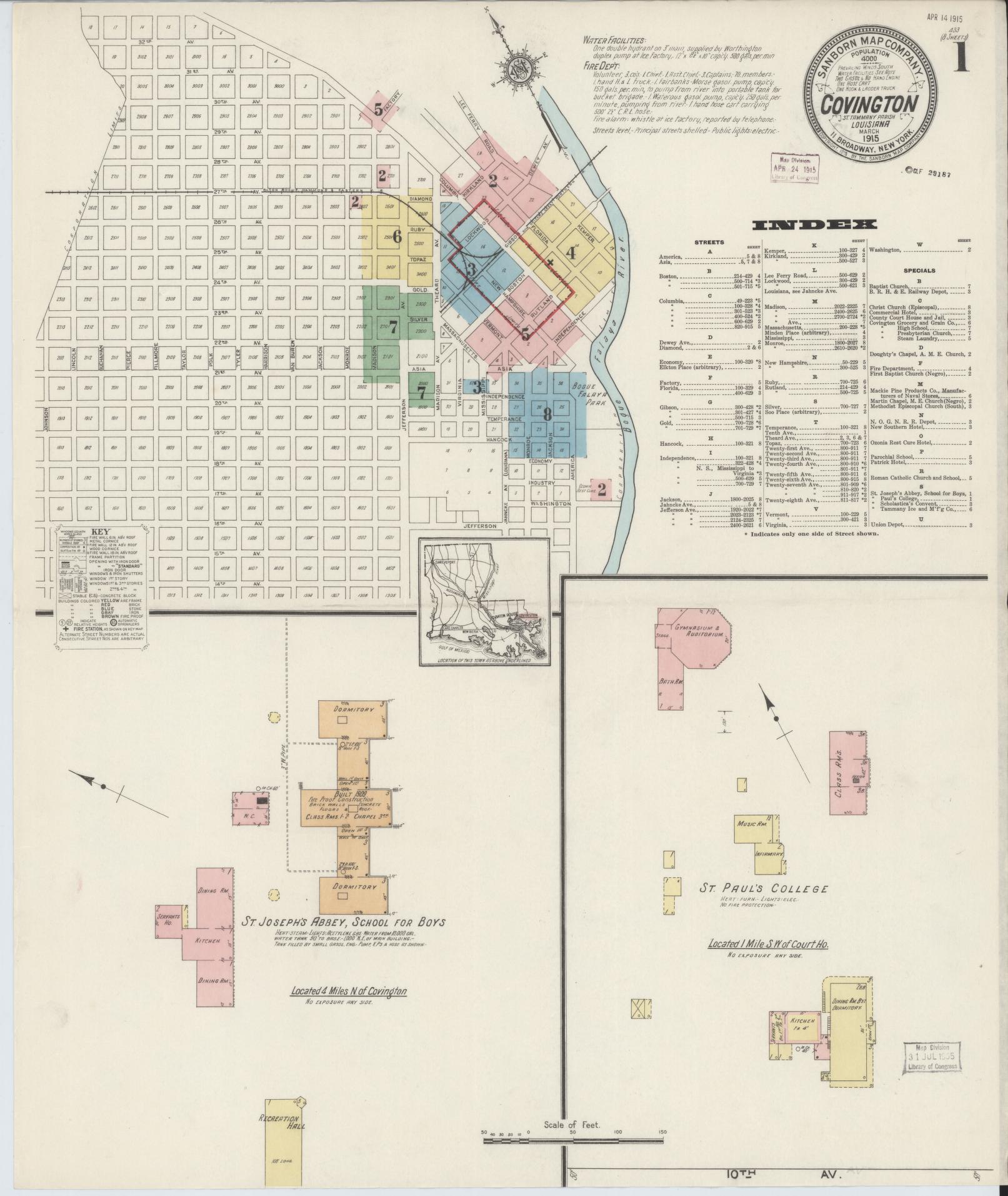 Sanborn Fire Insurance Map from Covington, Saint Tammany Parish, Louisiana (1915), Sheet #0001 - Complete Map Set gallery image, historic Sanborn map, vintage wall art, Louisiana Louisiana