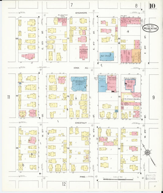 Sanborn Fire Insurance Map from Muscatine, Muscatine County, Iowa (1912), Sheet #0010 - Historic Sanborn Fire Insurance Map Print, vintage old map wall art