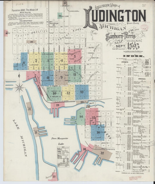 Sanborn Fire Insurance Map from Ludington, Mason County, Michigan (1895), Sheet #0001 - Historic Sanborn Fire Insurance Map Print, vintage old map wall art, antique decor, genealogy gift, Michigan Michigan map