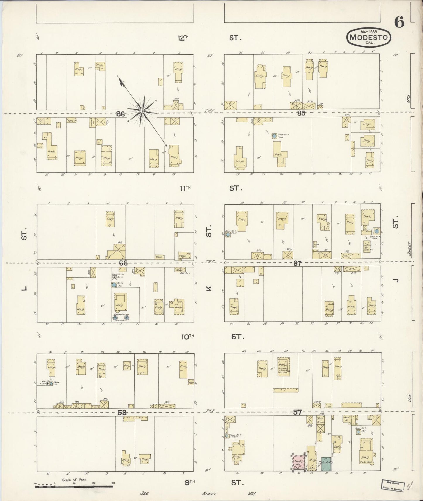 Sanborn Fire Insurance Map from Modesto, Stanislaus County, California (1888), Sheet #0006 - Historic Sanborn Fire Insurance Map Print, vintage old map wall art, antique decor, genealogy gift, California California map