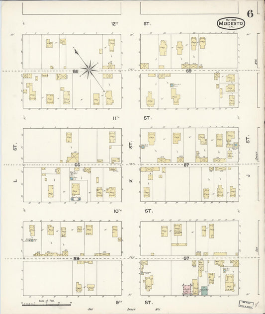 Sanborn Fire Insurance Map from Modesto, Stanislaus County, California (1888), Sheet #0006 - Historic Sanborn Fire Insurance Map Print, vintage old map wall art, antique decor, genealogy gift, California California map