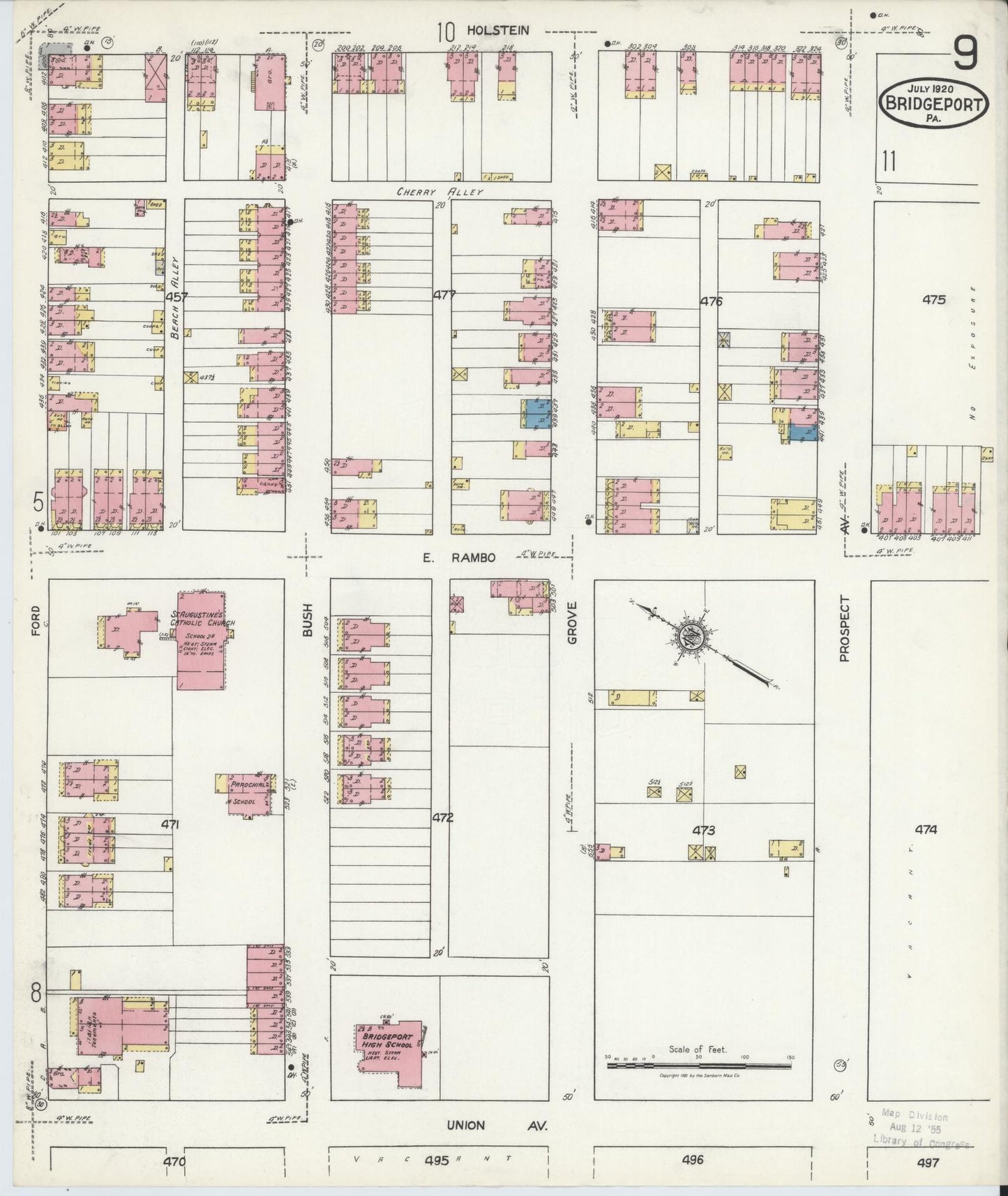 Sanborn Fire Insurance Map from Bridgeport, Montgomery County, Pennsylvania (1920), Sheet #0009 - Historic Sanborn Fire Insurance Map Print, vintage old map wall art, antique decor, genealogy gift, Pennsylvania Pennsylvania map