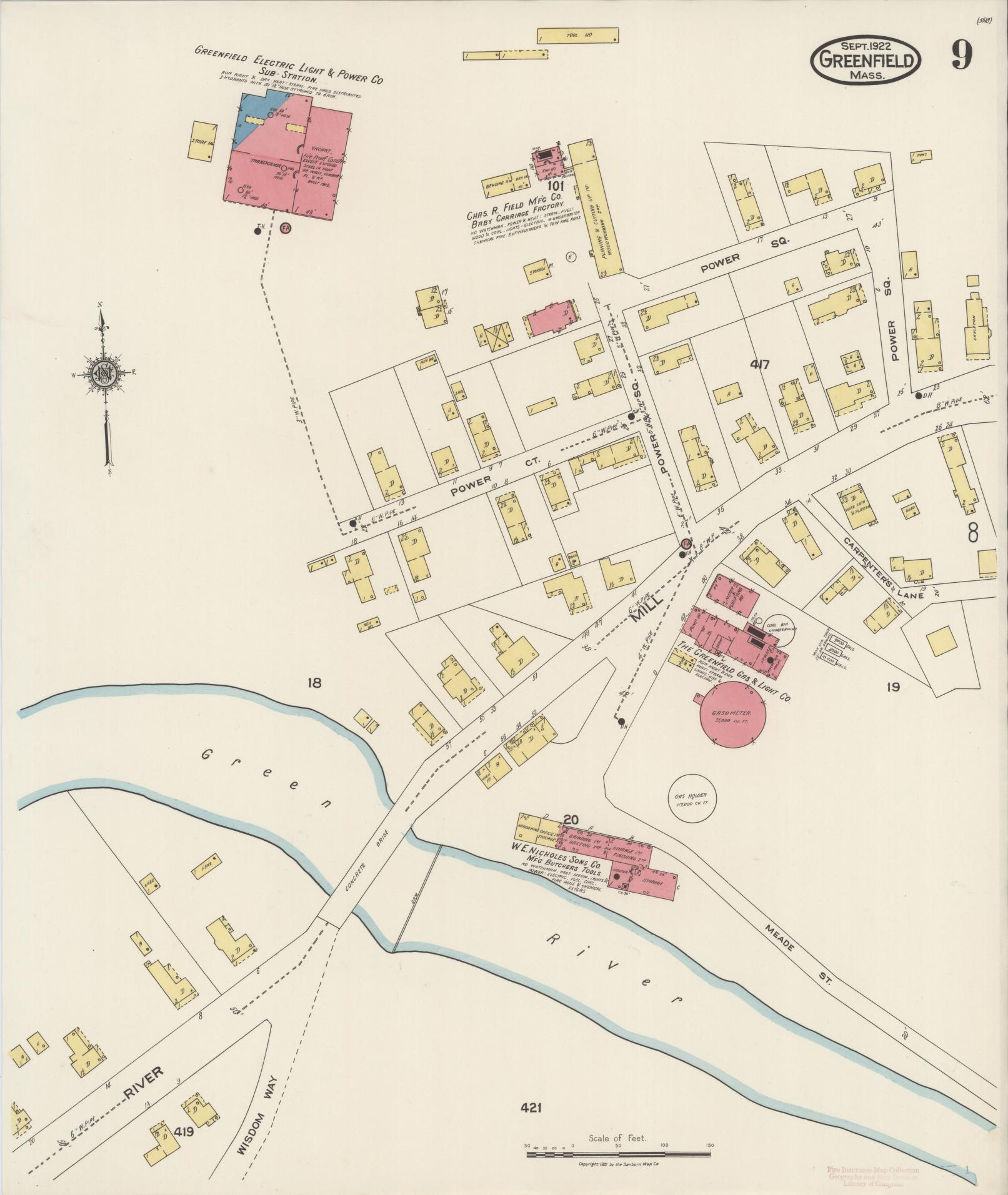 Sanborn Fire Insurance Map from Greenfield, Franklin County, Massachusetts (1922), Sheet #0009 - Complete Map Set gallery image, historic Sanborn map, vintage wall art, Massachusetts Massachusetts