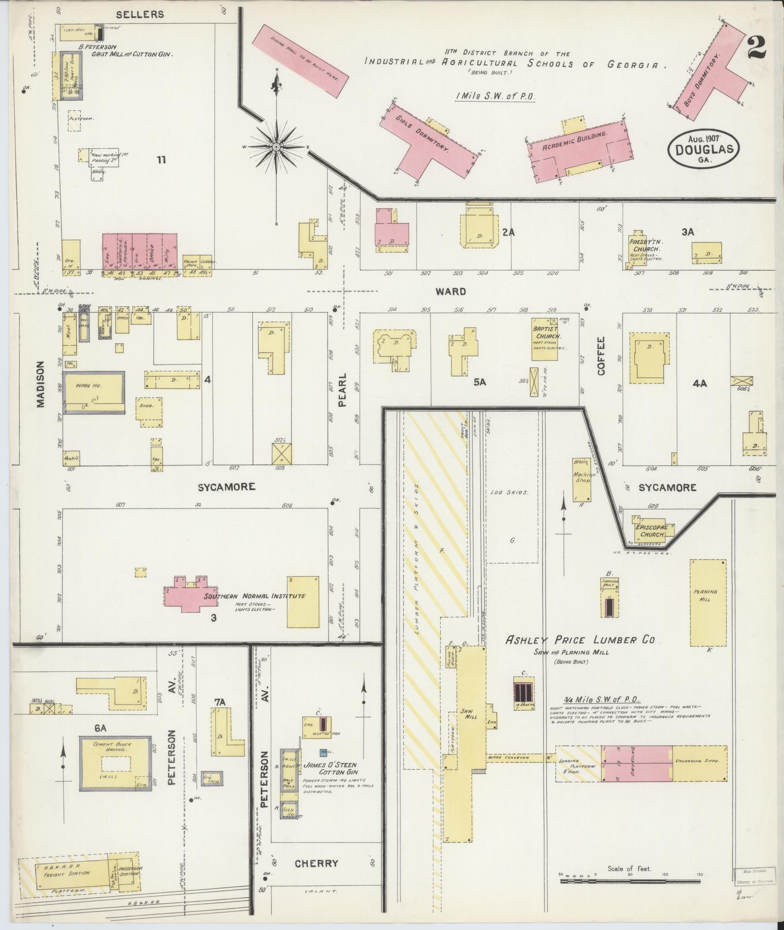 Sanborn Fire Insurance Map from Douglas, Coffee County, Georgia (1907), Sheet #0002 - Complete Map Set gallery image, historic Sanborn map, vintage wall art, Georgia Georgia