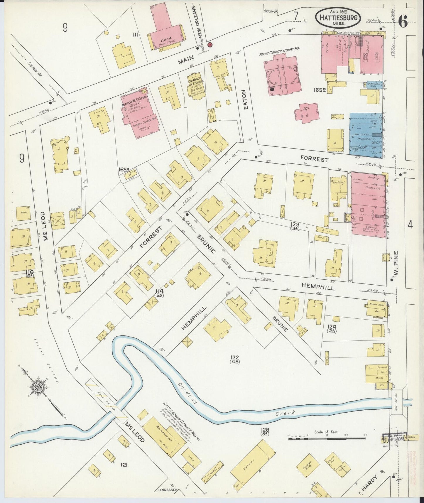 Sanborn Fire Insurance Map from Hattiesburg, Forrest County, Mississippi (1915), Sheet #0006 - Complete Map Set gallery image, historic Sanborn map, vintage wall art, Mississippi Mississippi