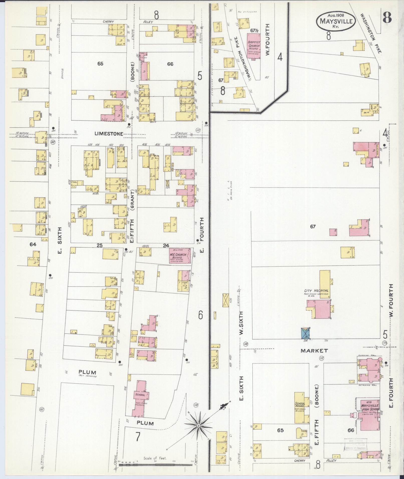 Sanborn Fire Insurance Map from Maysville, Mason County, Kentucky (1908), Sheet #0008 - Historic Sanborn Fire Insurance Map Print, vintage old map wall art, antique decor, genealogy gift, Kentucky Kentucky map