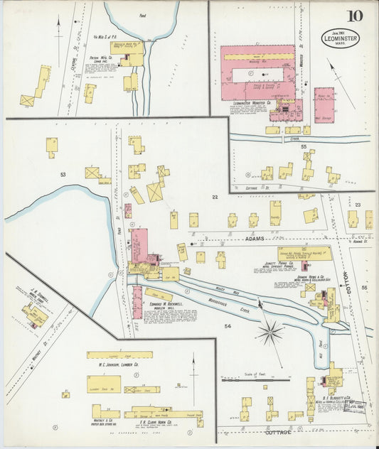 Sanborn Fire Insurance Map from Leominster, Worcester County, Massachusetts (1901), Sheet #0010 - Historic Sanborn Fire Insurance Map Print, vintage old map wall art, antique decor, genealogy gift, Massachusetts Massachusetts map