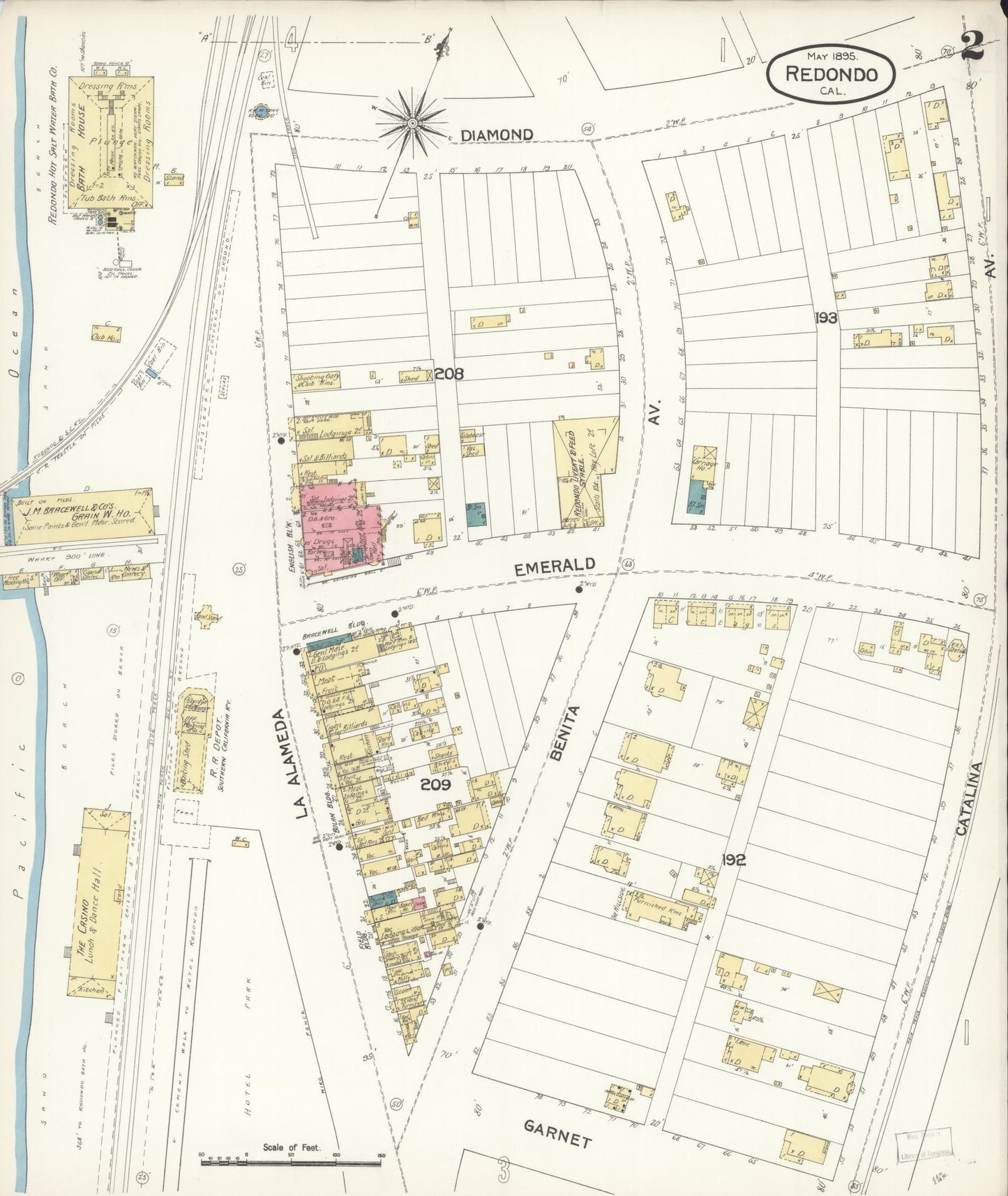 Sanborn Fire Insurance Map from Redondo Beach, Los Angeles County, California (1895), Sheet #0002 - Complete Map Set gallery image, historic Sanborn map, vintage wall art, California California