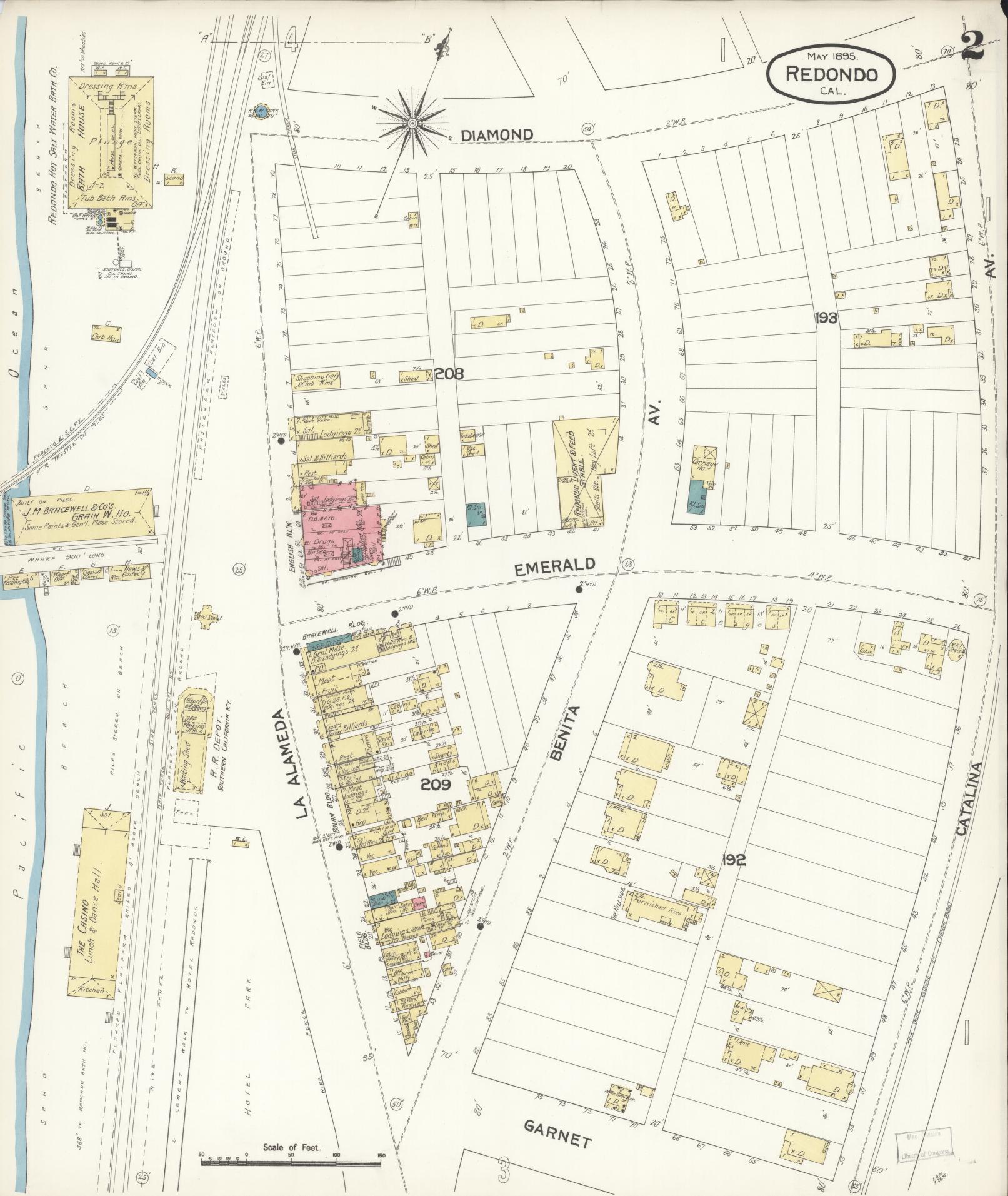 Sanborn Fire Insurance Map from Redondo Beach, Los Angeles County, California (1895), Sheet #0002 - Complete Map Set gallery image, historic Sanborn map, vintage wall art, California California