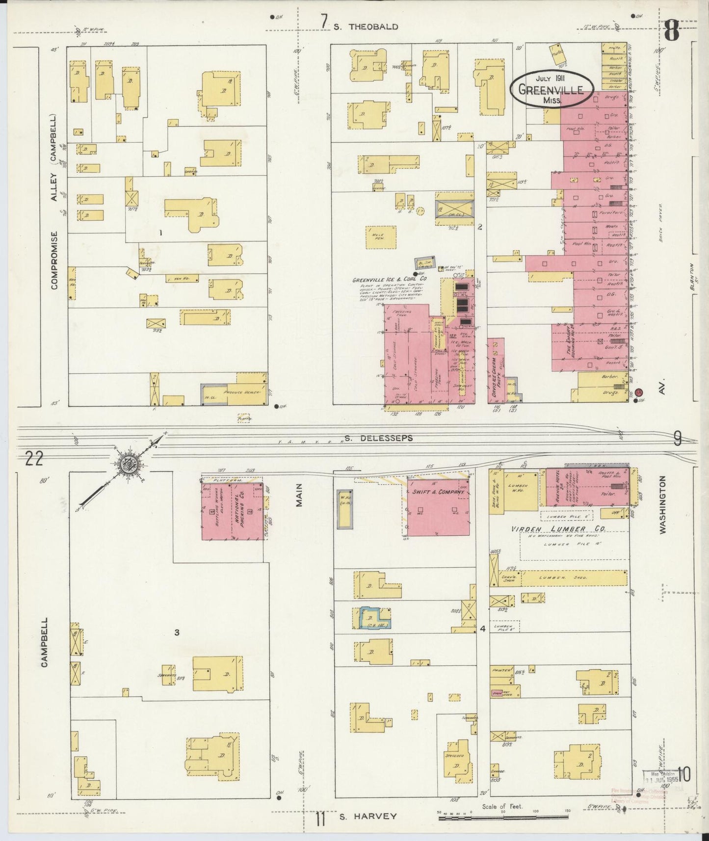 Sanborn Fire Insurance Map from Greenville, Washington County, Mississippi (1911), Sheet #0008 - Complete Map Set gallery image, historic Sanborn map, vintage wall art, Mississippi Mississippi