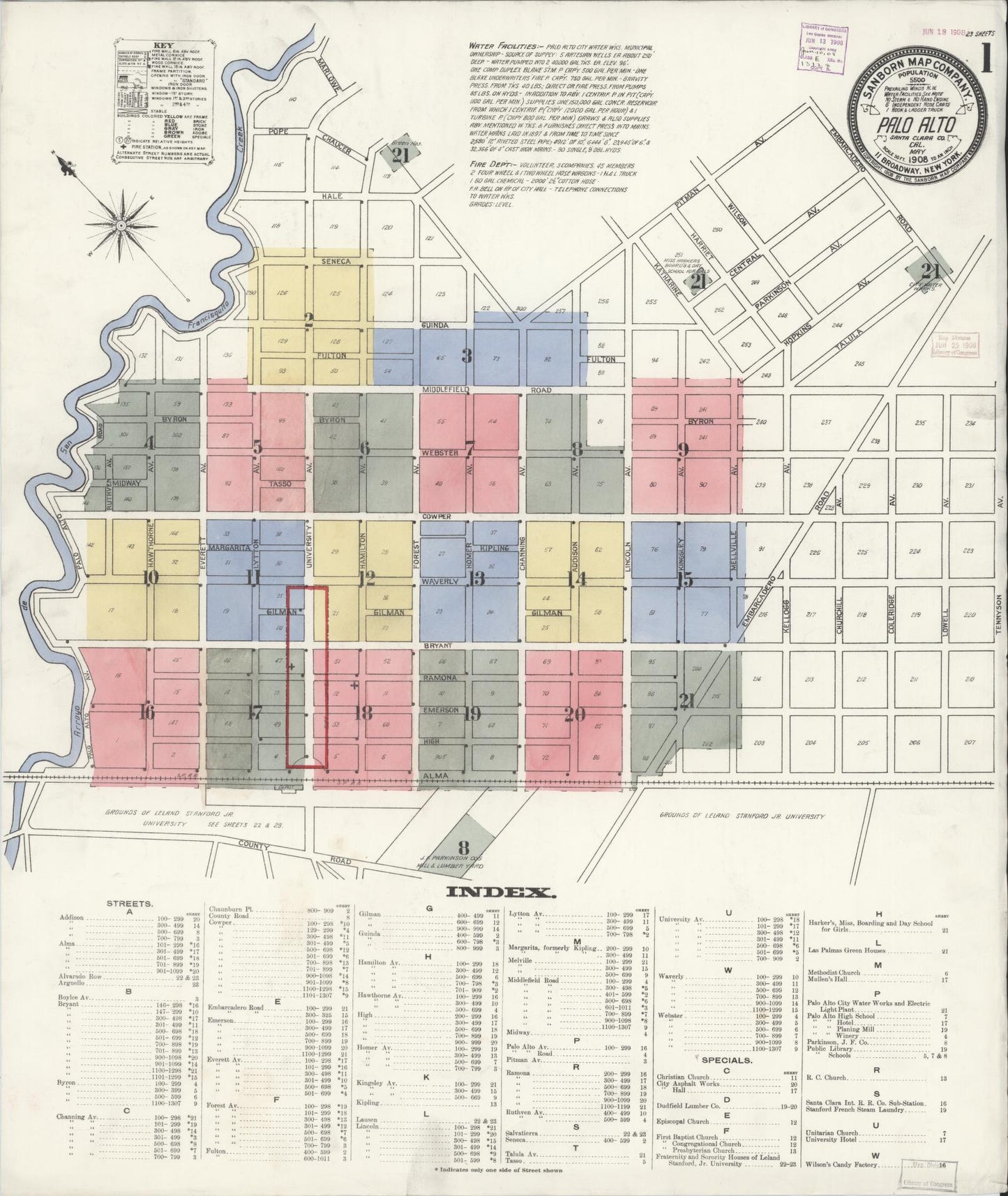 Sanborn Fire Insurance Map from Palo Alto, Santa Clara County, California (1908), Sheet #0001 - Complete Map Set gallery image, historic Sanborn map, vintage wall art, California California