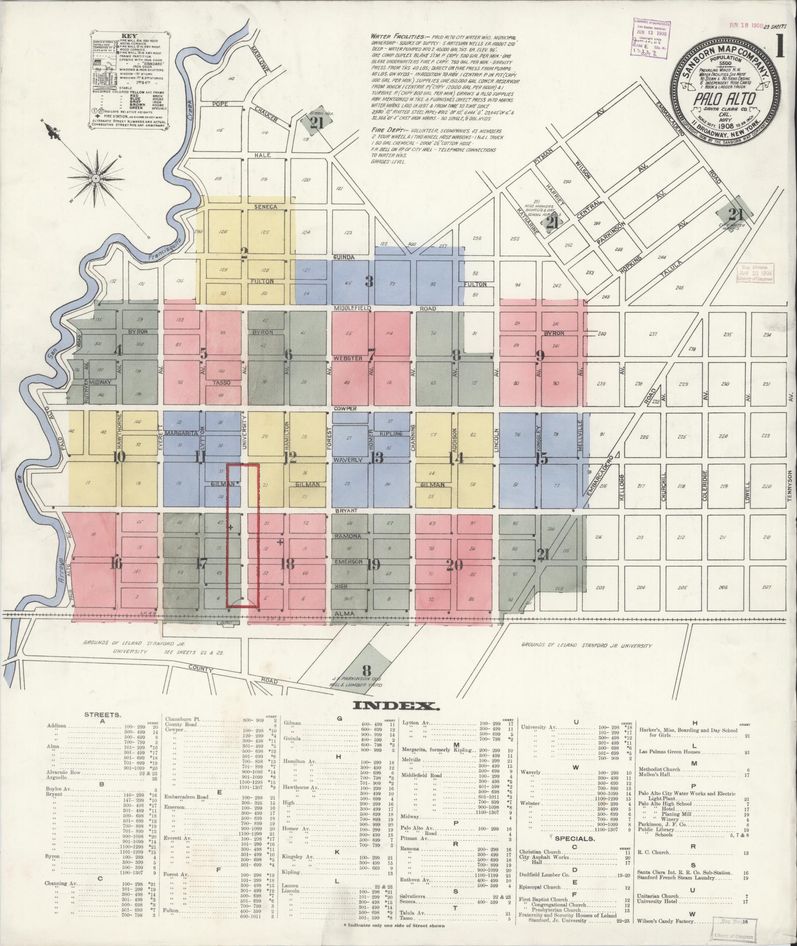 Sanborn Fire Insurance Map from Palo Alto, Santa Clara County, California (1908), Sheet #0001 - Complete Map Set gallery image, historic Sanborn map, vintage wall art, California California