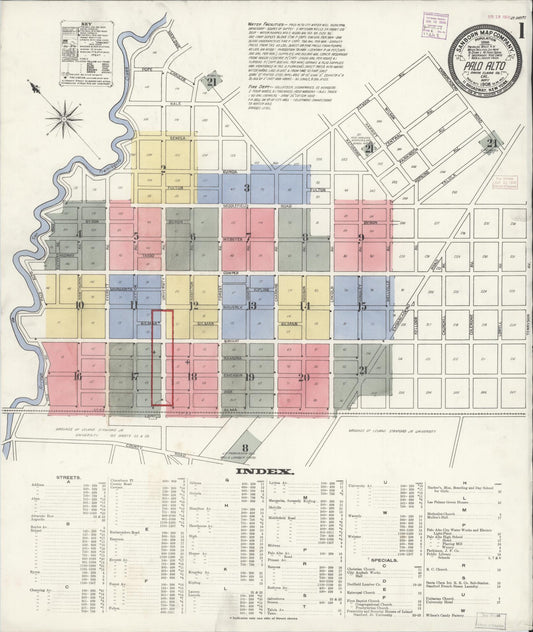Sanborn Fire Insurance Map from Palo Alto, Santa Clara County, California (1908), Sheet #0001 - Complete Map Set gallery image, historic Sanborn map, vintage wall art, California California
