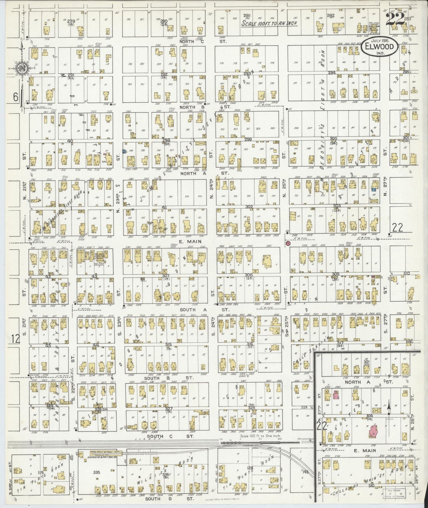Sanborn Fire Insurance Map from Elwood, Madison County, Indiana (1916), Sheet #0022 - Historic Sanborn Fire Insurance Map Print, vintage old map wall art, antique decor, genealogy gift, Indiana Indiana map