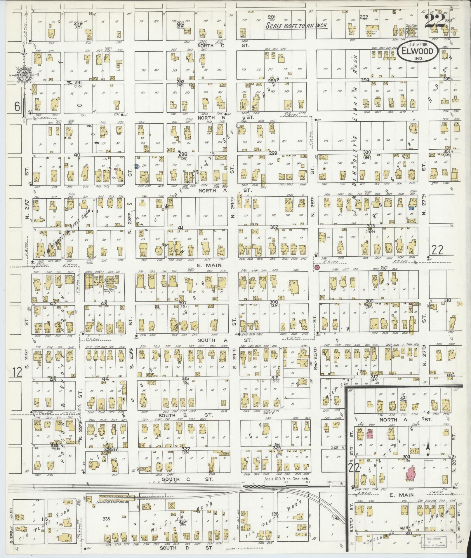Sanborn Fire Insurance Map from Elwood, Madison County, Indiana (1916), Sheet #0022 - Historic Sanborn Fire Insurance Map Print, vintage old map wall art, antique decor, genealogy gift, Indiana Indiana map