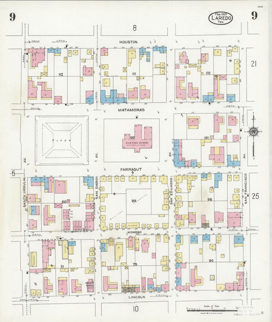 Sanborn Fire Insurance Map from Laredo, Webb County, Texas (1925), Sheet #0009 - Historic Sanborn Fire Insurance Map Print, vintage old map wall art, antique decor, genealogy gift, Texas Texas map
