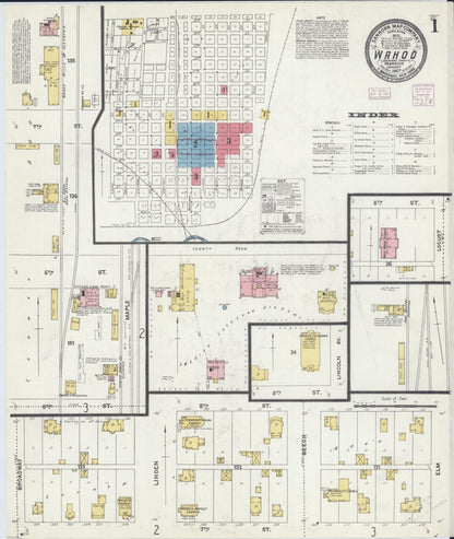 Sanborn Fire Insurance Map from Wahoo, Saunders County, Nebraska (1907), Sheet #0001 - Complete Map Set gallery image, historic Sanborn map, vintage wall art, Nebraska Nebraska