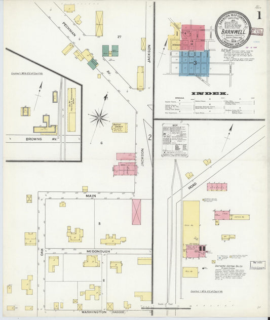 Sanborn Fire Insurance Map from Barnwell, Barnwell County, South Carolina (1909), Sheet #0001 - Complete Map Set gallery image, historic Sanborn map, vintage wall art, South Carolina South Carolina
