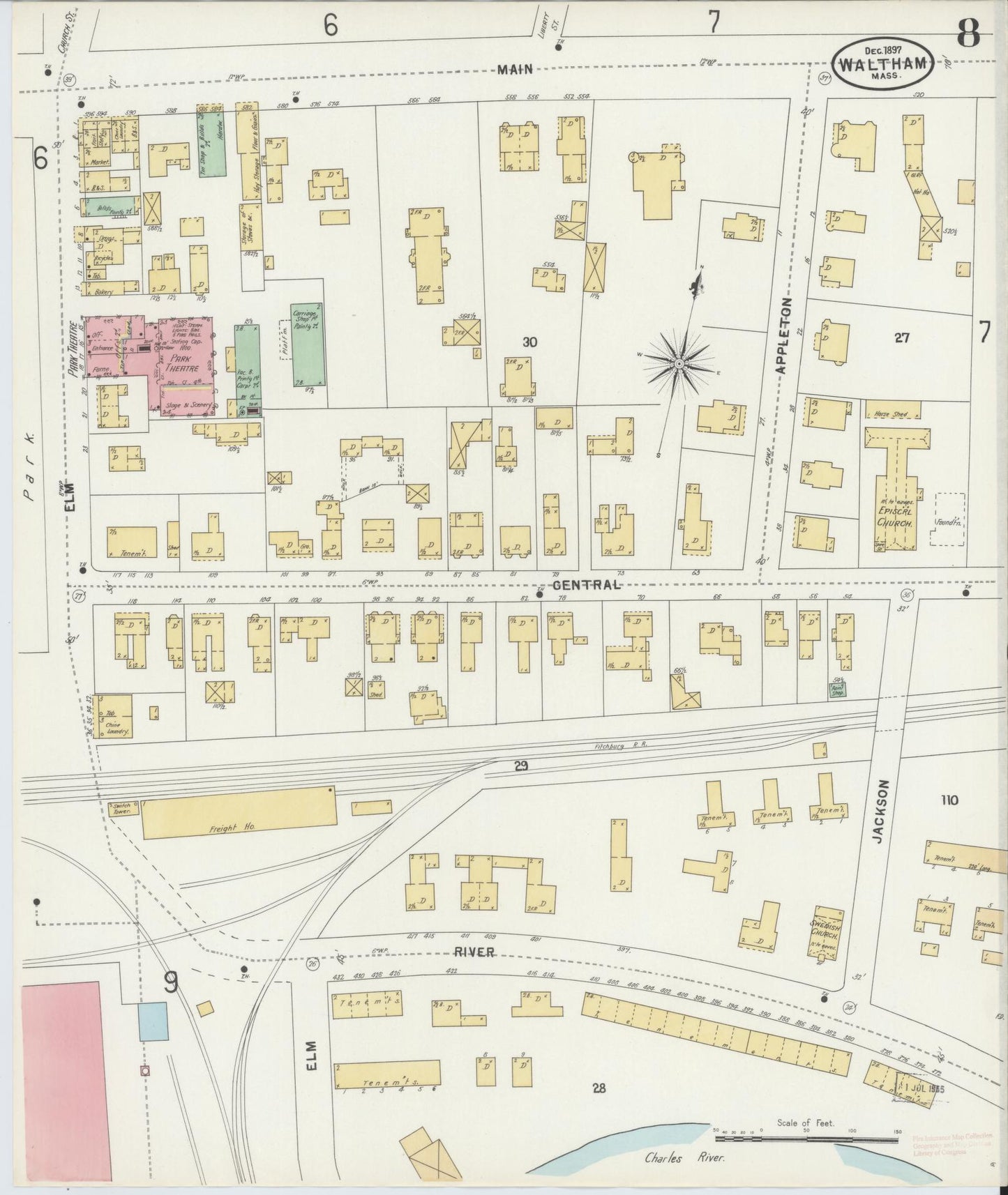 Sanborn Fire Insurance Map from Waltham, Middlesex County, Massachusetts (1897), Sheet #0008 - Complete Map Set gallery image, historic Sanborn map, vintage wall art, Massachusetts Massachusetts