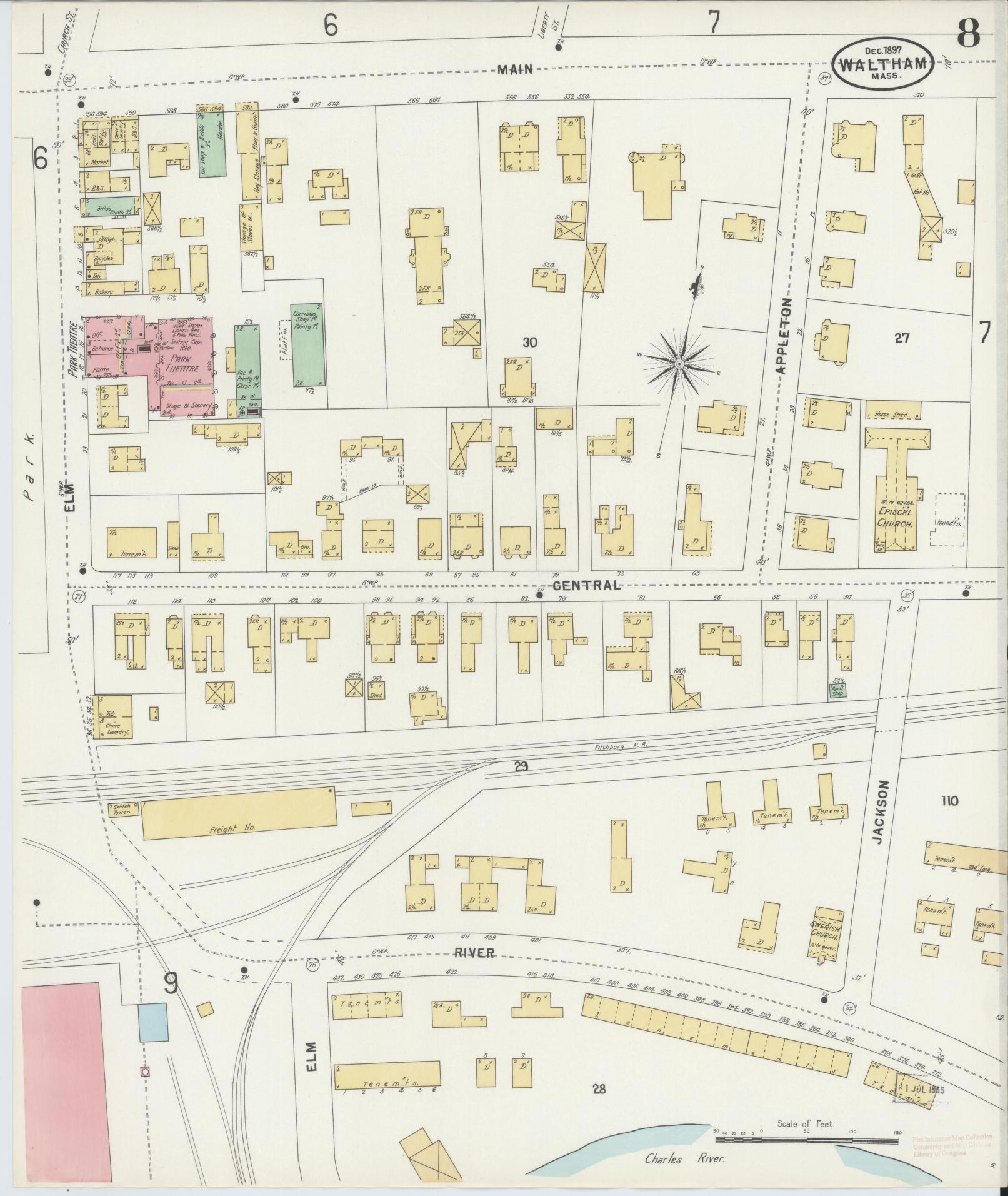 Sanborn Fire Insurance Map from Waltham, Middlesex County, Massachusetts (1897), Sheet #0008 - Complete Map Set gallery image, historic Sanborn map, vintage wall art, Massachusetts Massachusetts