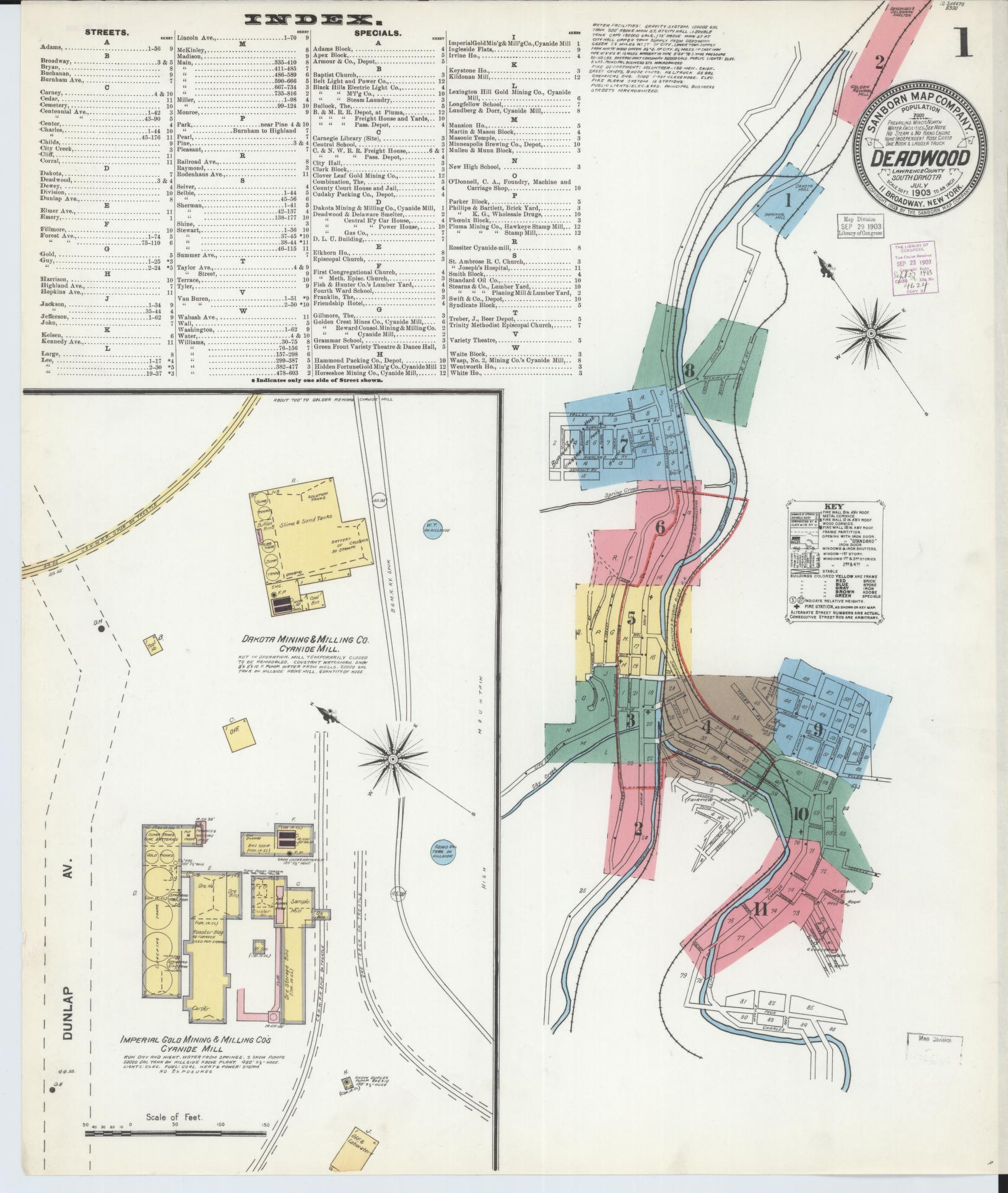 Sanborn Fire Insurance Map from Deadwood, Lawrence County, South Dakota (1903), Sheet #0001 - Historic Sanborn Fire Insurance Map Print, vintage old map wall art, antique decor, genealogy gift, South Dakota South Dakota map