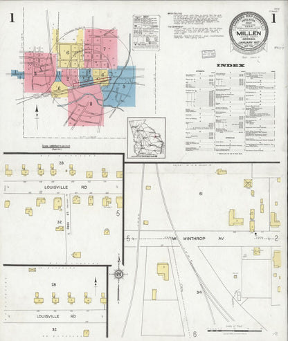 Sanborn Fire Insurance Map from Millen, Jenkins County, Georgia (1927), Sheet #0001 - Complete Map Set gallery image, historic Sanborn map, vintage wall art, Georgia Georgia