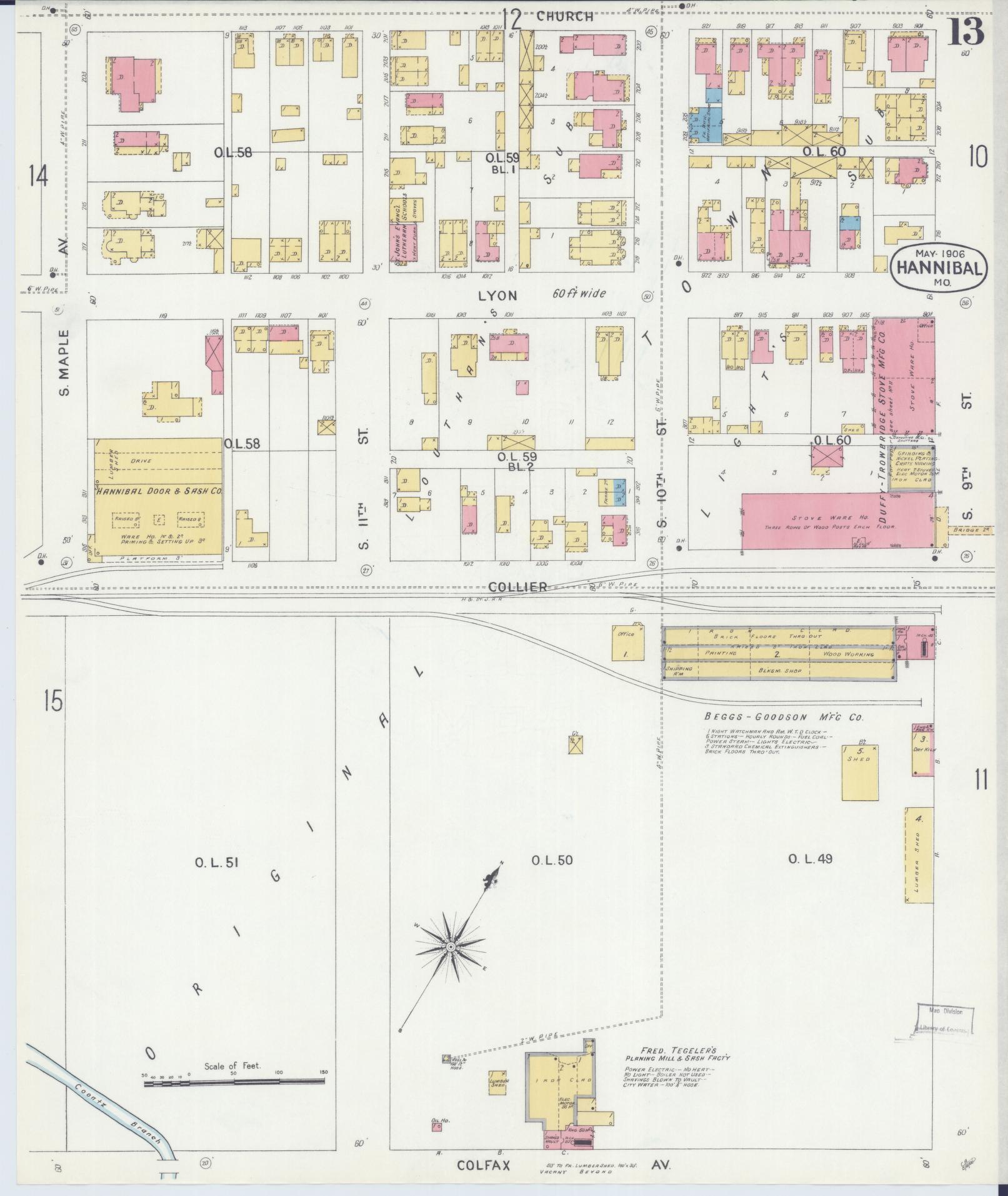 Sanborn Fire Insurance Map from Hannibal, Marion County, Missouri (1906), Sheet #0013 - Complete Map Set gallery image, historic Sanborn map, vintage wall art, Missouri Missouri