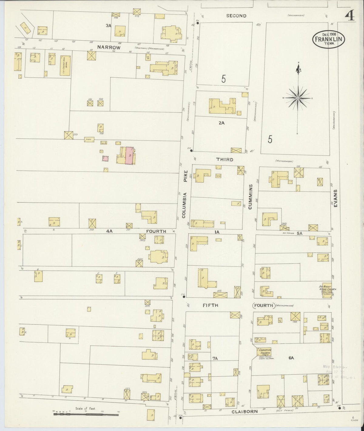 Sanborn Fire Insurance Map from Franklin, Williamson County, Tennessee (1908), Sheet #0004 - Historic Sanborn Fire Insurance Map Print, vintage old map wall art, antique decor, genealogy gift, Tennessee Tennessee map