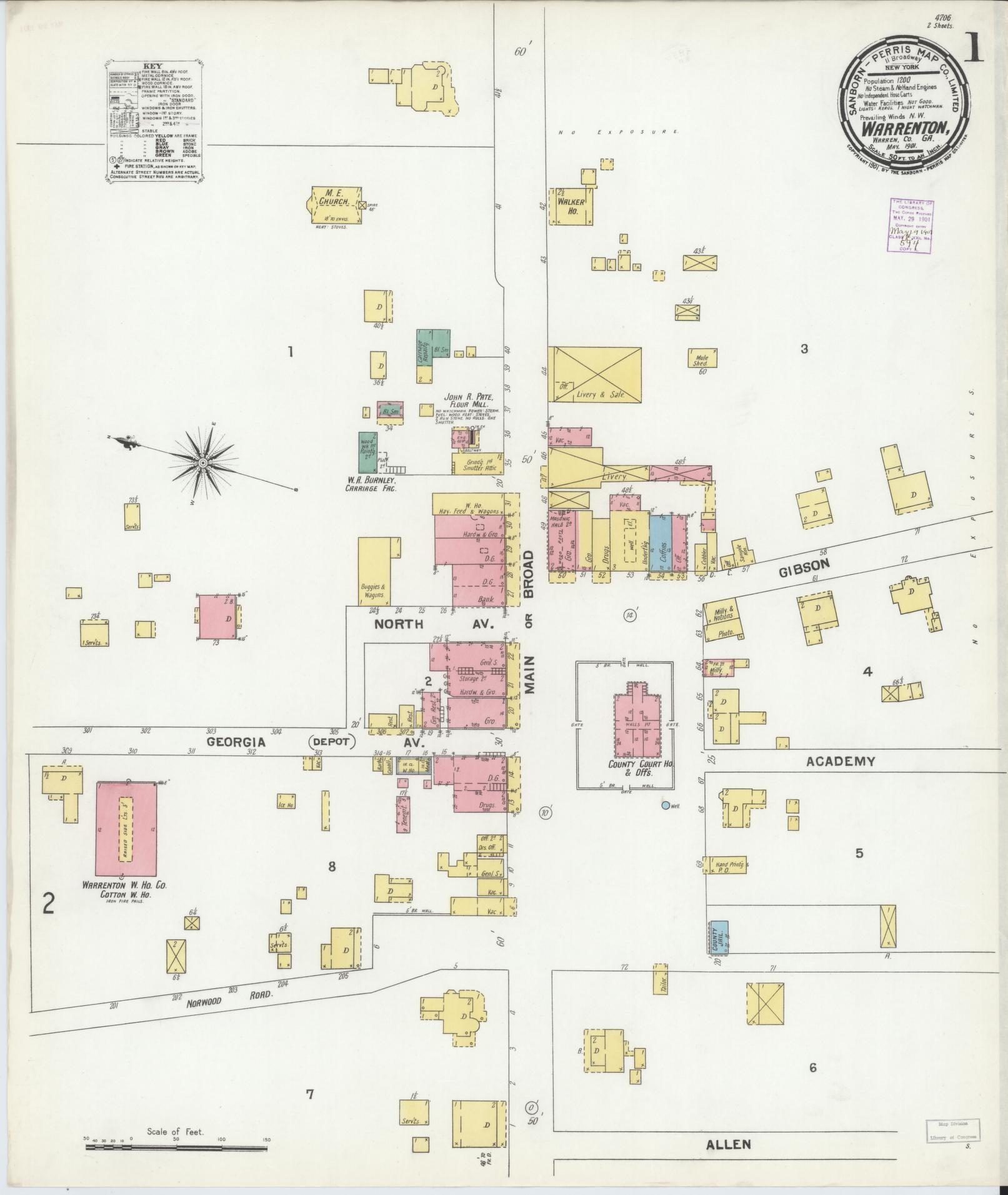 Sanborn Fire Insurance Map from Warrenton, Warren County, Georgia (1901), Sheet #0001 - Complete Map Set gallery image, historic Sanborn map, vintage wall art, Georgia Georgia