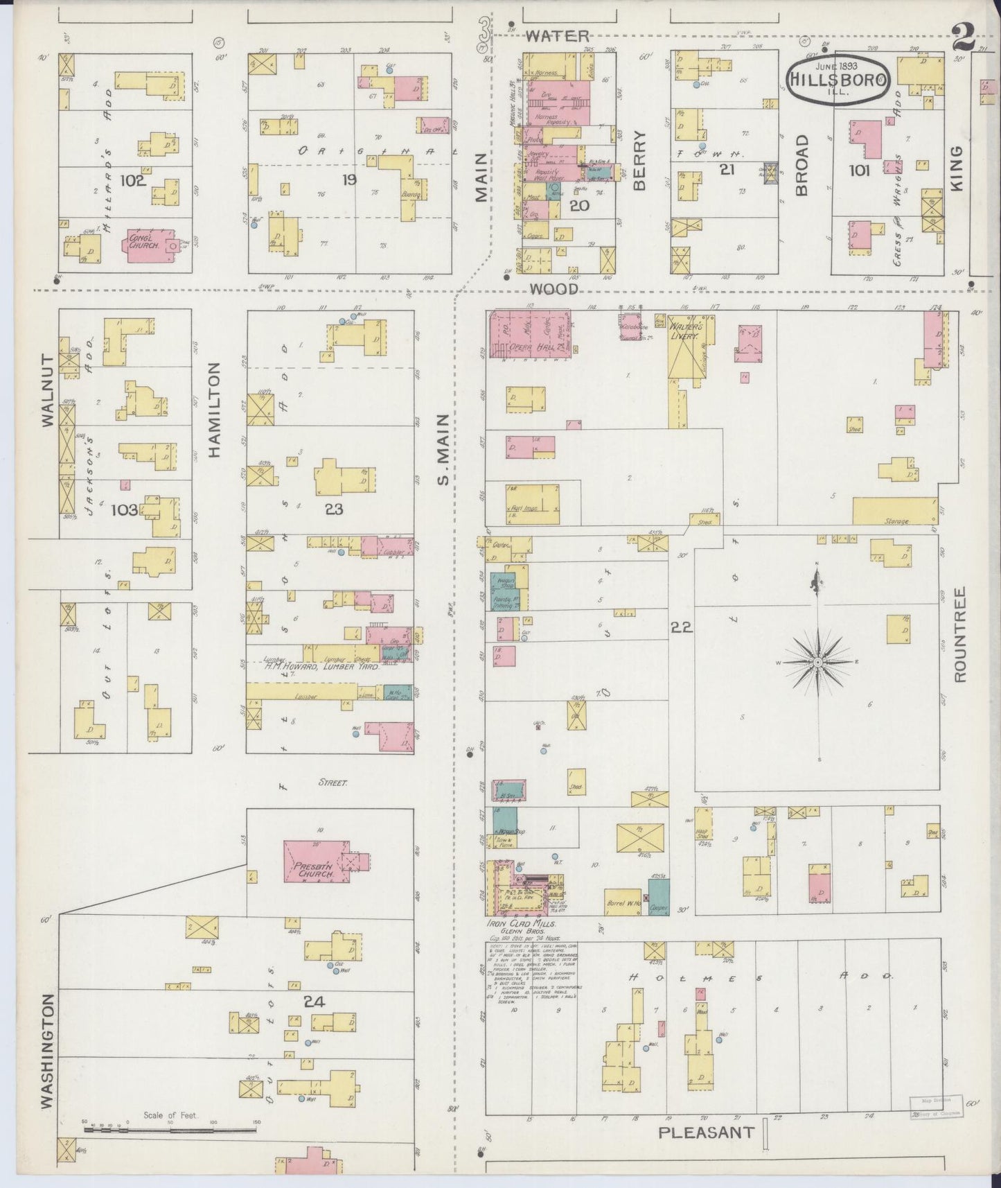 Sanborn Fire Insurance Map from Hillsboro, Montgomery County, Illinois (1893), Sheet #0002 - Complete Map Set gallery image, historic Sanborn map, vintage wall art, Illinois Illinois
